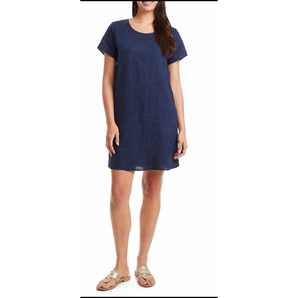 Femme Fatale Navy Blue Linen Embroidered Neck Short‎ Sleeve Dress Size Medium